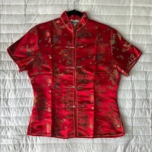 Vintage 90s Red Satin Chinese Style Top Dragon Blouse - Size 40